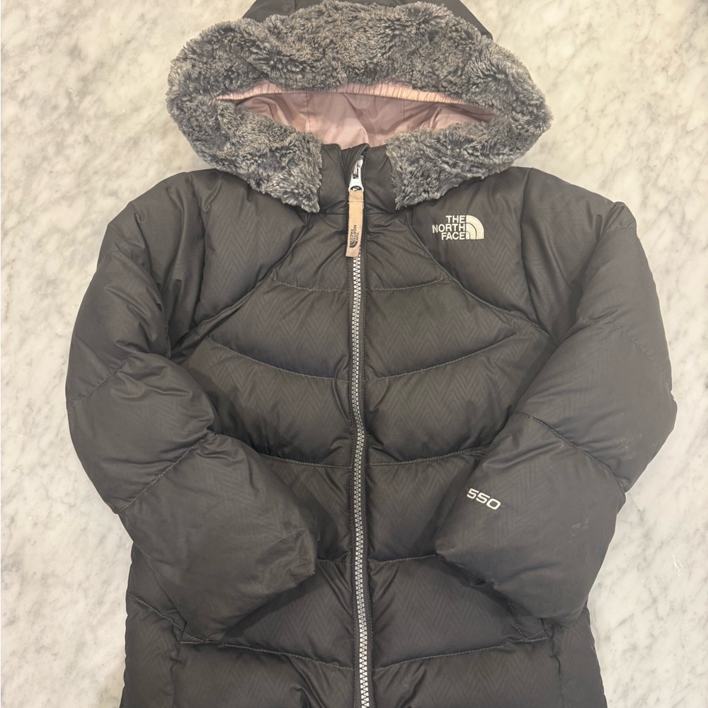 The North Face Kids Charcoal Puffer Jacket with Faux Fur Hood